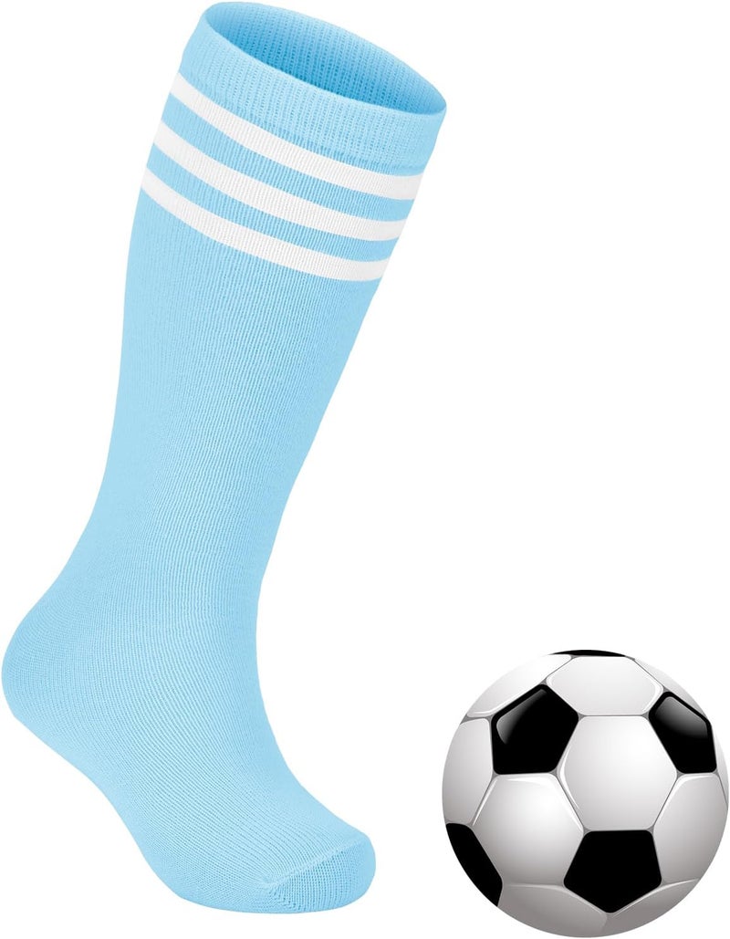 Zando Soccer Socks Girls 6-9 Years Youth Softball Baseball Athletic Soprt Knee High Stripe Tube Socks for Boys Girls High Stockings 6-9 Years Light Blue - Image 1